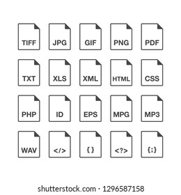 Black popular line document file format icons set. Multi types simple flat design vector pictogram for app ads web website button ui ux interface elements isolated on white background