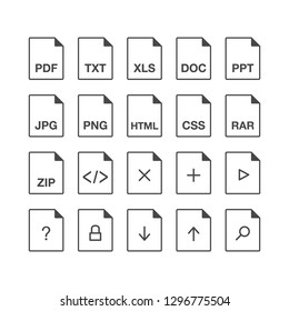 Black popular line document file format icons set. Multi types simple flat design vector pictogram for app ads web website button ui ux interface elements isolated on white background