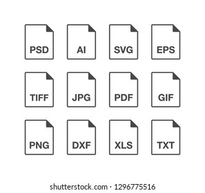 Black popular line document file format icons set. Multi types simple flat design vector pictogram for app ads web website button ui ux interface elements isolated on white background