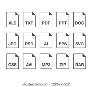 Black popular line document file format icons set. Multi types simple flat design vector pictogram for app ads web website button ui ux interface elements isolated on white background