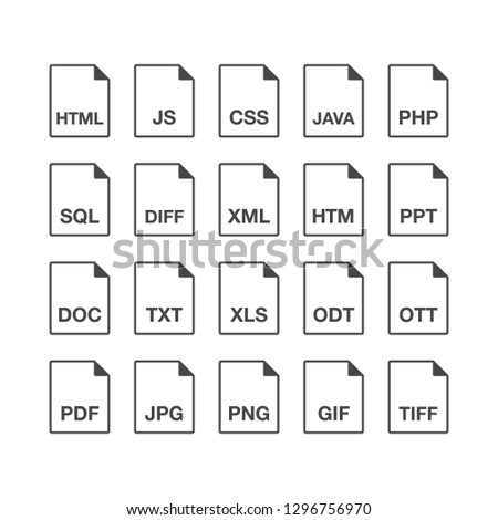 Black popular line document file format icons set. Multi types simple flat design vector pictogram for app ads web website button ui ux interface elements isolated on white background