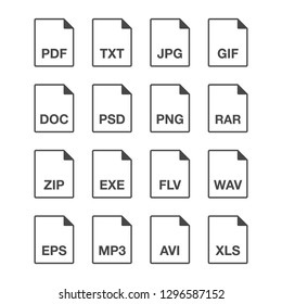 Black popular thin line document data file format icons set. Multi types simple flat design vector pictogram for app ads web website button ui ux interface elements isolated on white background