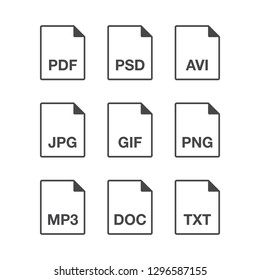 Black popular thin line document file format icons set. Multi types simple flat design vector pictogram for app ads web website button ui ux interface elements isolated on white background