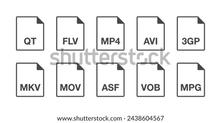 Black popular thin line video document file format icons set. Multi types simple flat design infographic vector pictogram for app ads web button ui ux interface elements isolated on white background