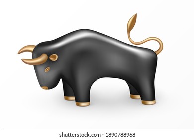 Black Porcelain Bull with Golden Horns, Eyes, Ears, Hooves and Tail. Symbol of the New Year 2021 on Chinese lunar calendar. 3d icon and logo. Realistic glass porcelain figurine of cow or ox. Vector