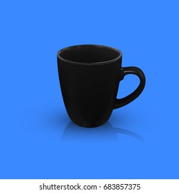 black porcelain cup with reflection and shadow isolated on blue background. vector illustration