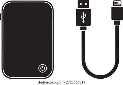 Schwarzes tragbares Ladegerät und USB-Kabel-Stromversorgung Bank weißer Hintergrund