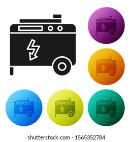 Black Portable power electric generator icon isolated on white background. Industrial and home immovable power generator. Set icons colorful circle buttons. Vector Illustration