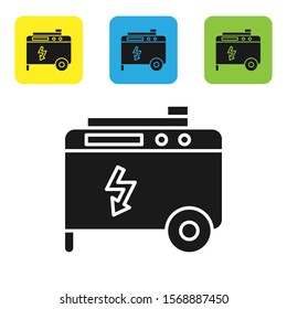 Black Portable power electric generator icon isolated on white background. Industrial and home immovable power generator. Set icons colorful square buttons. Vector Illustration