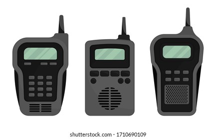 Dispositivo de radio portátil negro o Walkie Talkie con conjunto vector de antena