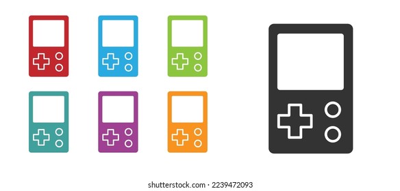 Black Portable tetris electronic game icon isolated on white background. Vintage style pocket brick game. Interactive playing device. Set icons colorful. Vector