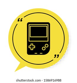 Black Portable video game console icon isolated on white background. Gamepad sign. Gaming concept. Yellow speech bubble symbol. Vector Illustration