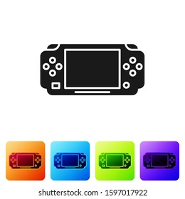 Black Portable video game console icon isolated on white background. Gamepad sign. Gaming concept. Set icons in color square buttons. Vector Illustration