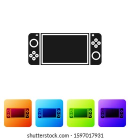Black Portable video game console icon isolated on white background. Gamepad sign. Gaming concept. Set icons in color square buttons. Vector Illustration
