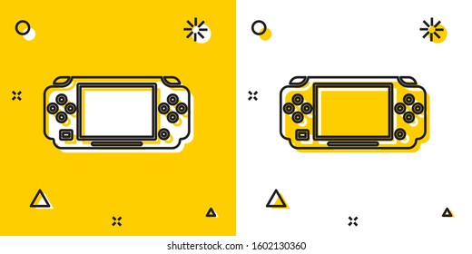 Black Portable video game console icon isolated on yellow and white background. Gamepad sign. Gaming concept. Random dynamic shapes. Vector Illustration
