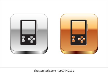 Black Portable video game console icon isolated on white background. Gamepad sign. Gaming concept. Silver-gold square button. Vector Illustration