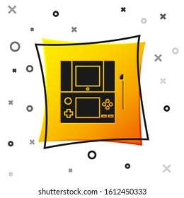 Black Portable video game console icon isolated on white background. Gamepad sign. Gaming concept. Yellow square button. Vector Illustration