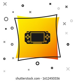 Black Portable video game console icon isolated on white background. Gamepad sign. Gaming concept. Yellow square button. Vector Illustration