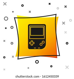 Black Portable video game console icon isolated on white background. Gamepad sign. Gaming concept. Yellow square button. Vector Illustration