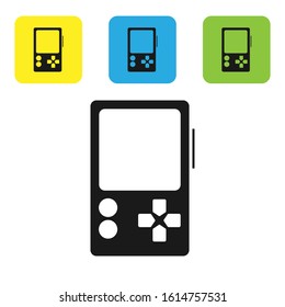 Black Portable video game console icon isolated on white background. Gamepad sign. Gaming concept. Set icons colorful square buttons. Vector Illustration