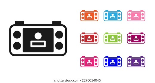 Icono de consola de videojuegos portátil negro aislado en fondo blanco. Juego de consola de mano. Indique los iconos en colores. Vector