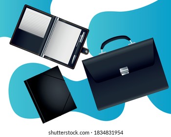 black portfolio briefcase and notebooks mockup icon vector illustration design