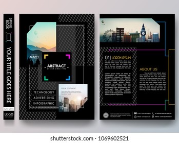 Black portfolio design vector. Minimal brochure report business flyers magazine poster template. Abstract square and line on cover book presentation.