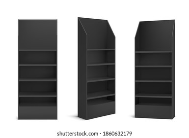 Black POS Display Stand For Products In Supermarket, Store And Shop. Vector Realistic 3d Mockup Of Promotion Rack With Empty Shelves, Retail Showcase Isolated On White Background