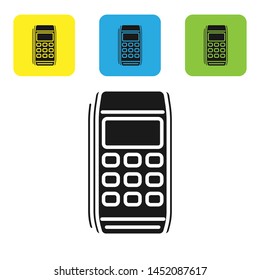 Black Pos terminal icon isolated on white background. Payment terminal transaction. Pay by card. Set icons colorful square buttons. Vector Illustration