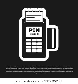Black POS terminal with inserted credit card and printed reciept icon isolated on black background. NFC payment concept. Vector Illustration