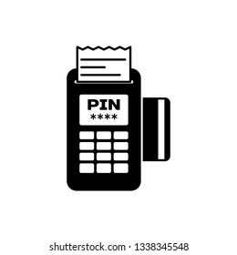 Black POS terminal with inserted credit card and printed reciept icon isolated on white background. NFC payment concept. Vector Illustration