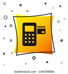Black Pos terminal with inserted credit card icon isolated on white background. Payment terminal transaction. Yellow square button. Vector Illustration