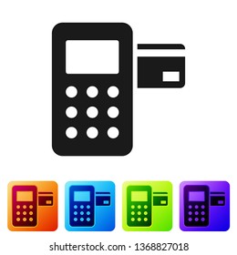 Black Pos terminal with inserted credit card icon isolated on white background. Payment terminal transaction. Set icon in color square buttons. Vector Illustration