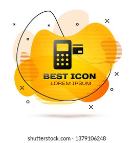 Black Pos terminal with inserted credit card icon isolated on white background. Payment terminal transaction. Fluid color banner. Vector Illustration
