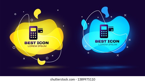 Black Pos terminal with inserted credit card icon isolated. Payment terminal transaction. Set of liquid color abstract geometric shapes. Vector Illustration