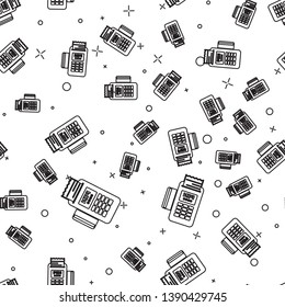Black POS terminal with inserted credit card and printed reciept icon isolated seamless pattern on white background. NFC payment concept. Vector Illustration