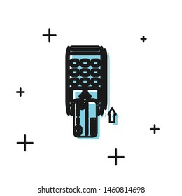 Black Pos terminal with inserted credit card icon isolated on white background. Payment terminal transaction. Pay by card.  Vector Illustration