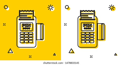 Black POS terminal with inserted credit card and printed reciept icon isolated on yellow and white background. NFC payment concept. Random dynamic shapes. Vector Illustration