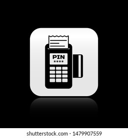 Black POS terminal with inserted credit card and printed receipt icon isolated on black background. NFC payment concept. square button. Vector Illustration