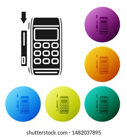 Black Pos terminal with inserted credit card icon isolated on white background. Payment terminal transaction. Pay by card. Set icons colorful circle buttons. Vector Illustration