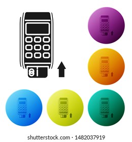 Black Pos terminal with inserted credit card icon isolated on white background. Payment terminal transaction. Pay by card. Set icons colorful circle buttons. Vector Illustration