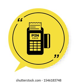 Black POS terminal with inserted credit card and printed reciept icon isolated on white background. NFC payment concept. Yellow speech bubble symbol. Vector Illustration