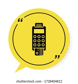 Black POS terminal with inserted credit card and printed reciept icon isolated on white background. NFC payment concept. Yellow speech bubble symbol. Vector Illustration