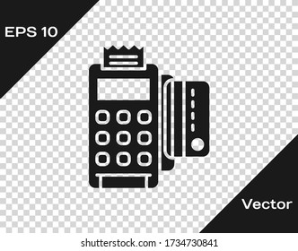 Black POS terminal with inserted credit card and printed reciept icon isolated on transparent background. NFC payment concept. Vector Illustration