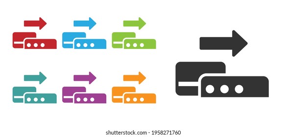 Terminal Pos negro con icono de tarjeta de crédito insertado aislado en fondo blanco. Transacción de terminal de pago. Paga por tarjeta. Indique los iconos en colores. Vector