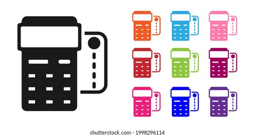 Black POS terminal with inserted credit card and printed reciept icon isolated on white background. NFC payment concept. Set icons colorful. Vector