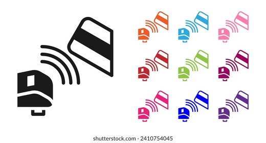 Black POS terminal with inserted credit card and printed reciept icon isolated on white background. NFC payment concept. Set icons colorful. Vector
