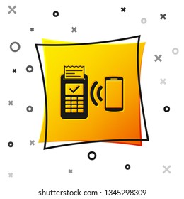 Black POS terminal with printed reciept and confirms the payment by smartphone icon isolated on white background. NFC payment concept. Yellow square button. Vector Illustration