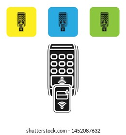 Black POS terminal with printed reciept and confirms the payment by smartphone icon isolated on white background. NFC payment concept. Set icons colorful square buttons. Vector Illustration