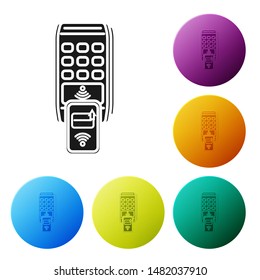 Black POS terminal with printed reciept and confirms the payment by smartphone icon isolated on white background. NFC payment concept. Set icons colorful circle buttons. Vector Illustration